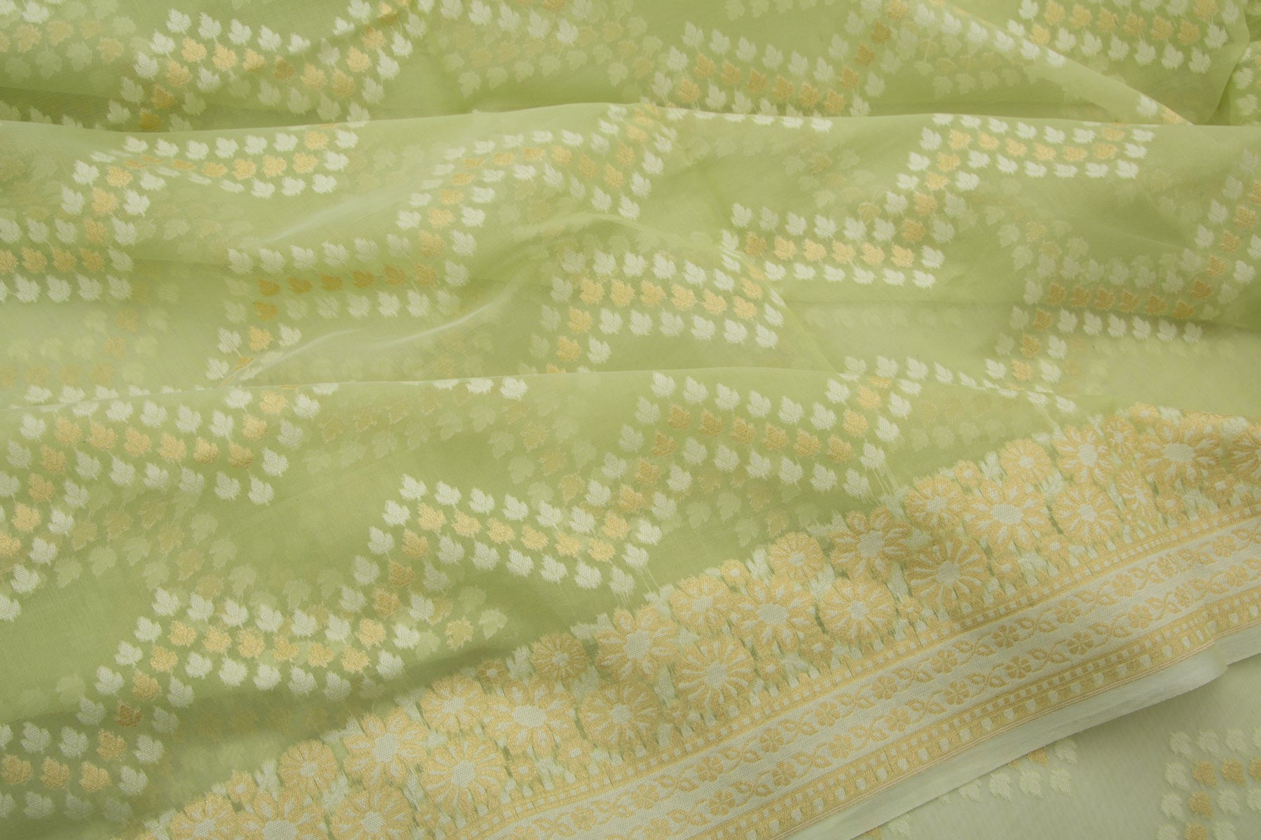 Chanderi Cotton Jaal Pista Green Saree