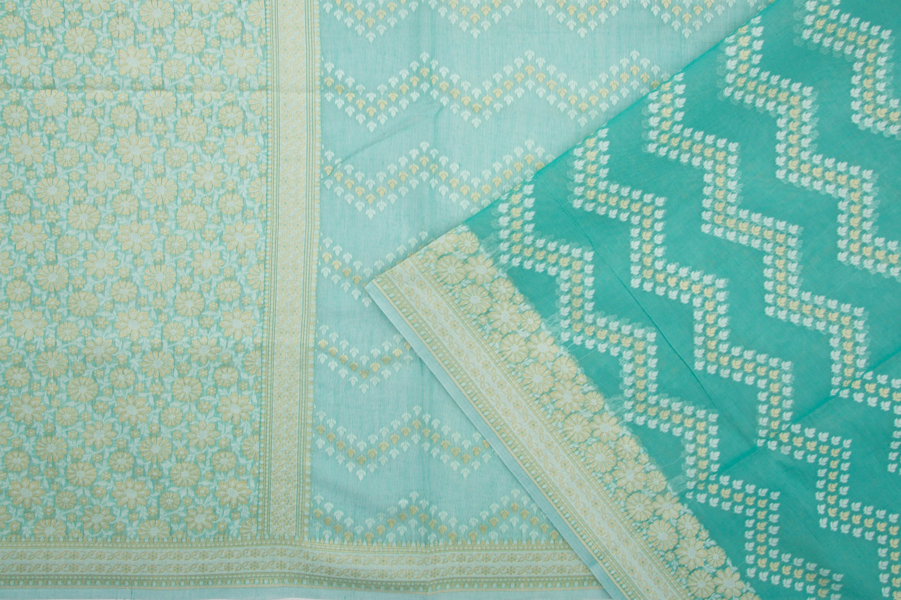 Chanderi Cotton Jaal Sea Green Saree