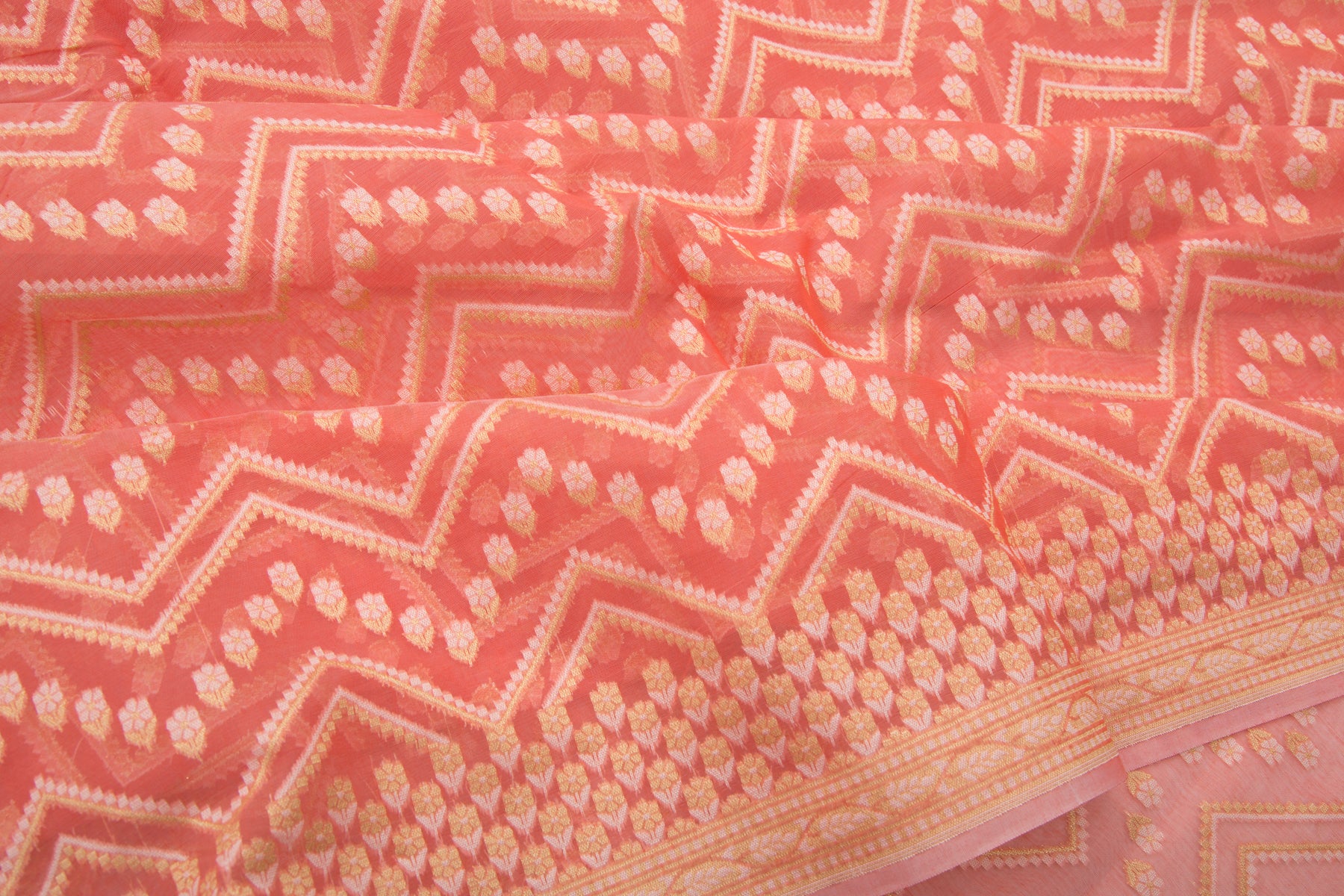 Chanderi Cotton Jaal Peach Saree