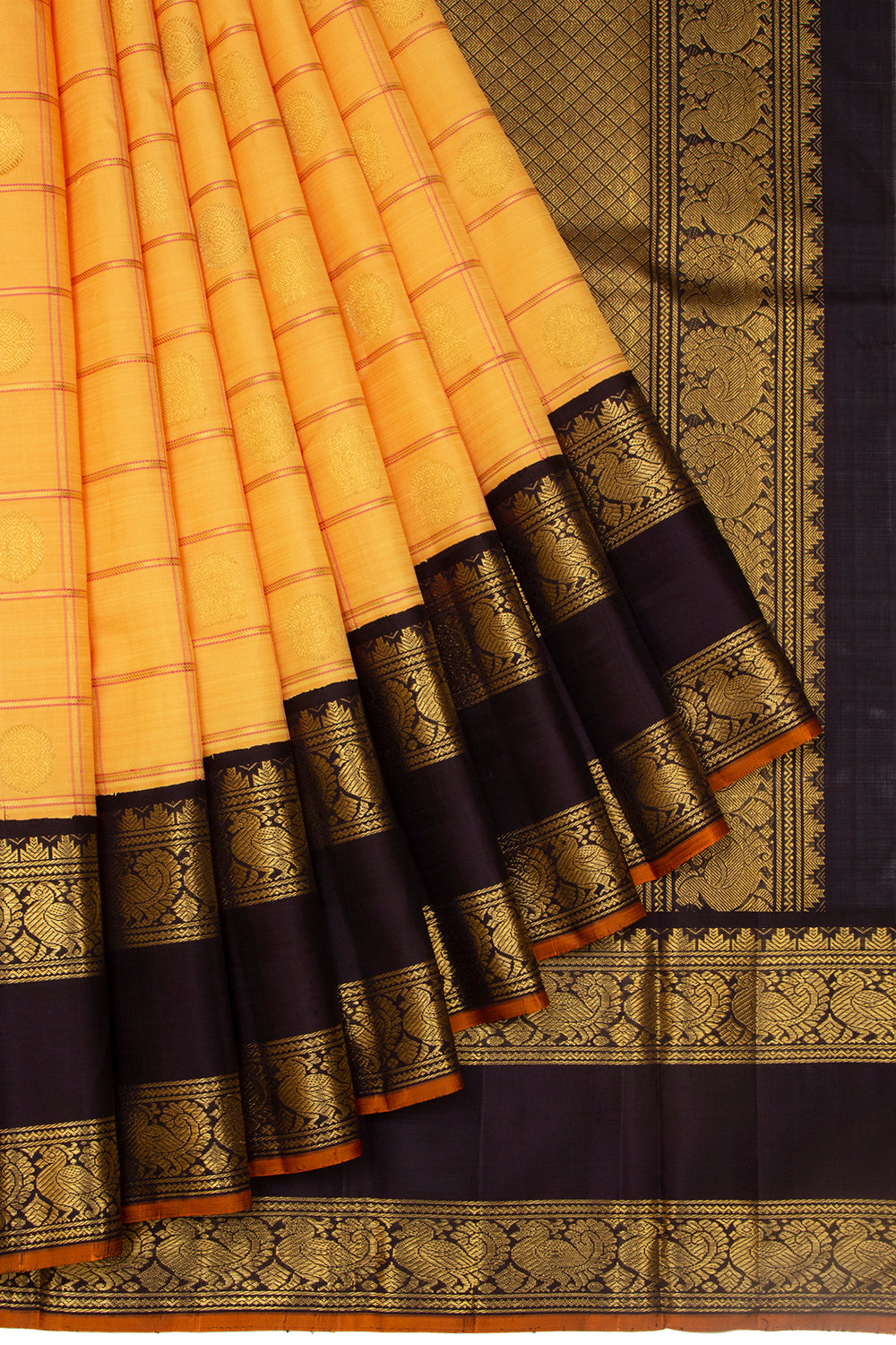 Kanchipuram Silk Checks And Butta Yellow Saree