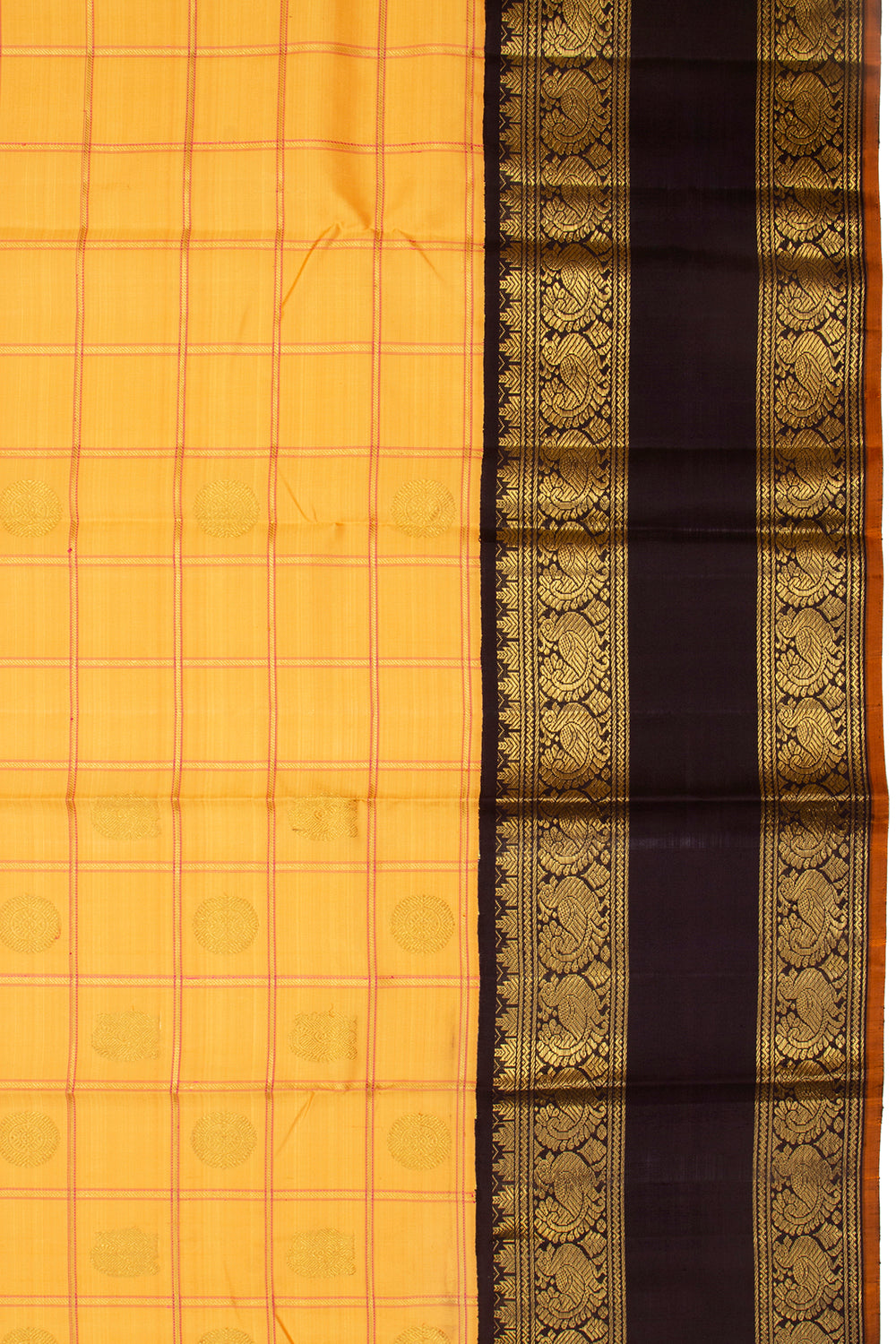 Kanchipuram Silk Checks And Butta Yellow Saree
