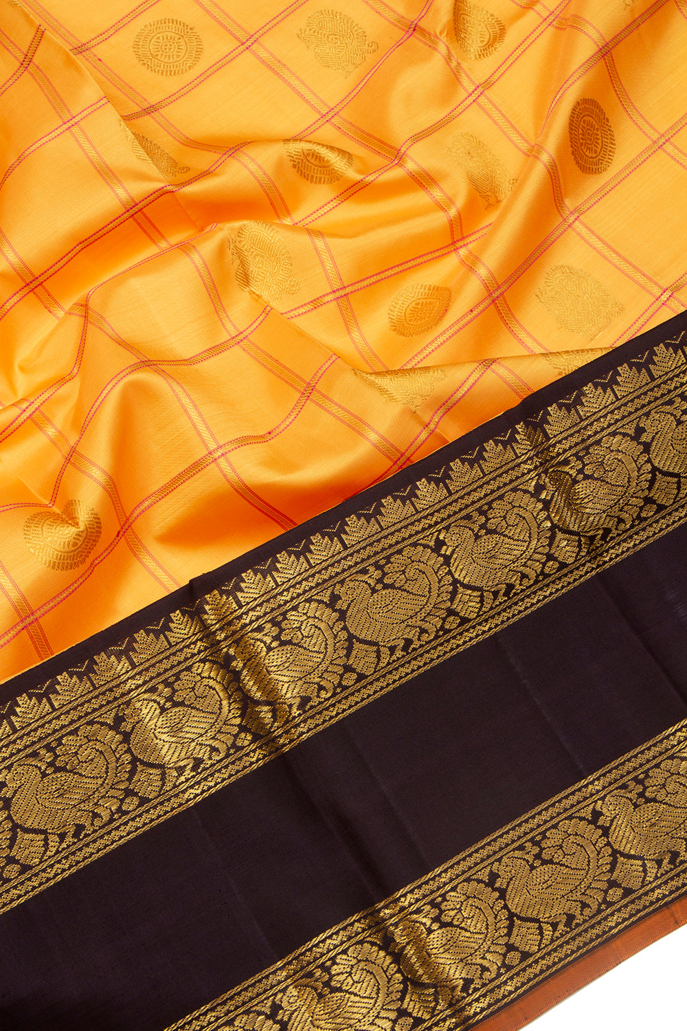 Kanchipuram Silk Checks And Butta Yellow Saree