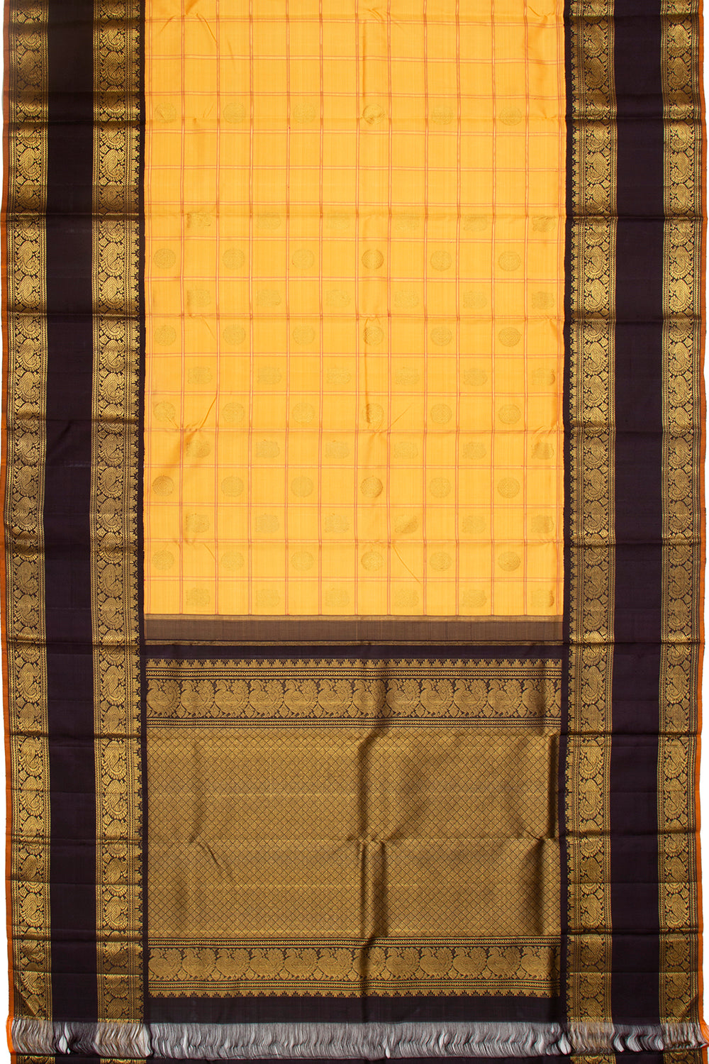 Kanchipuram Silk Checks And Butta Yellow Saree