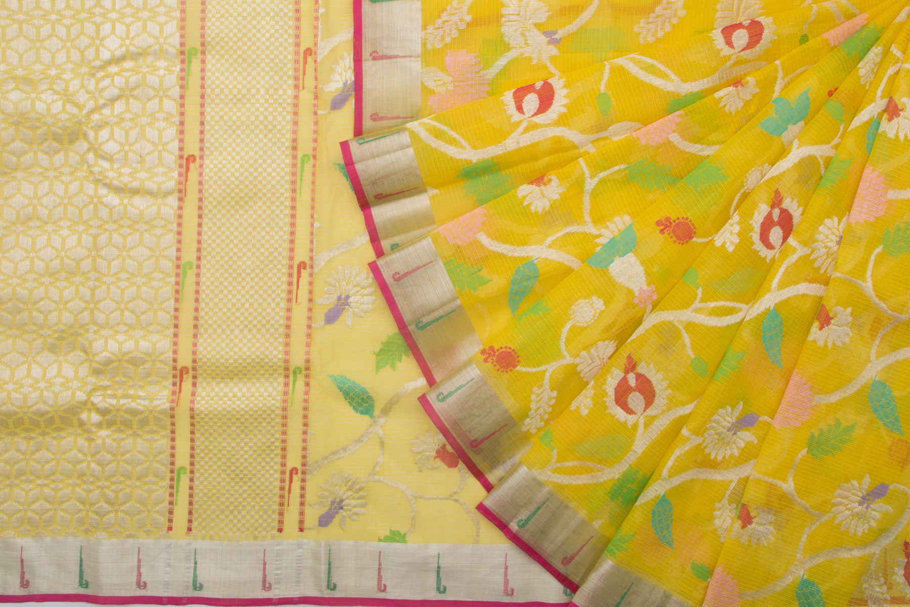 Kota Silk Jaal Yellow Saree With Muniya Border