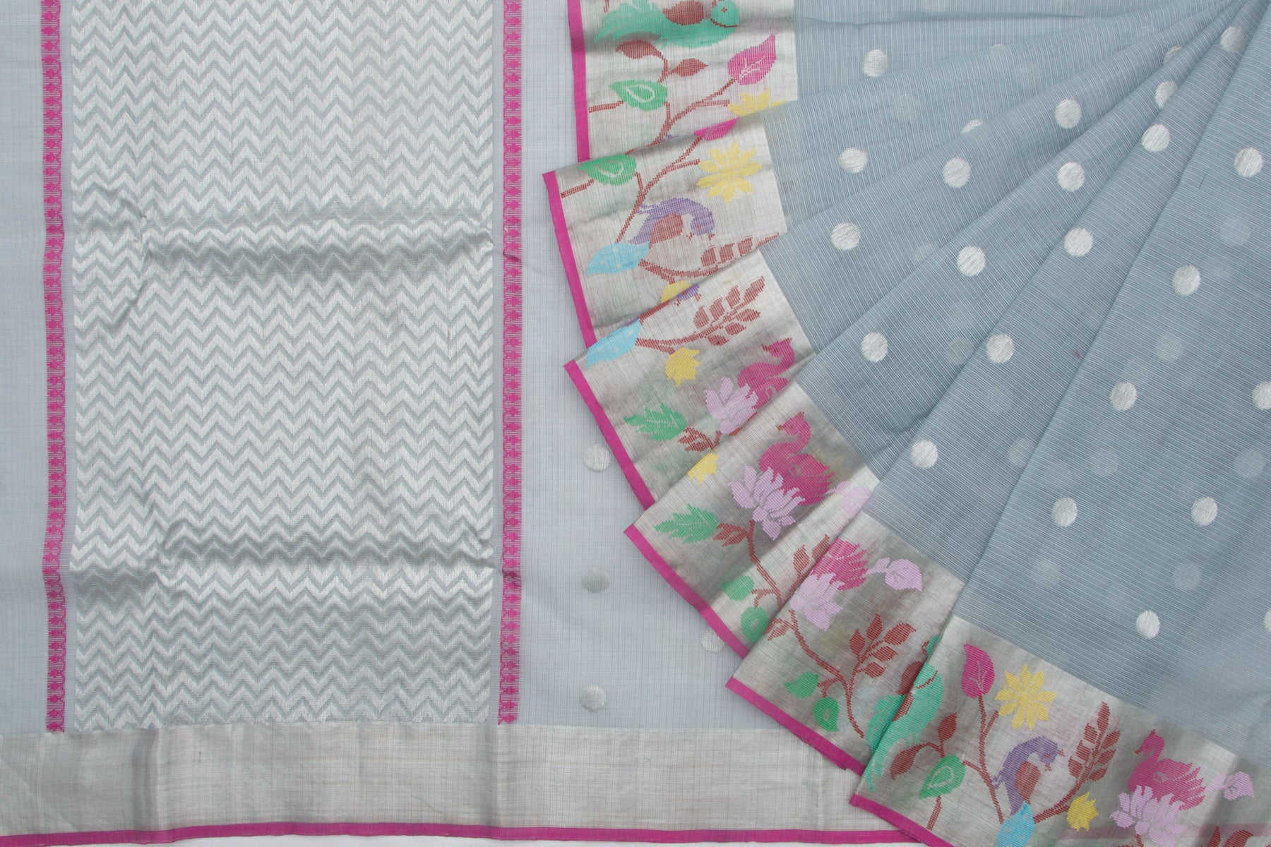 Kota Silk Butta Grey Saree With Jamdani Border