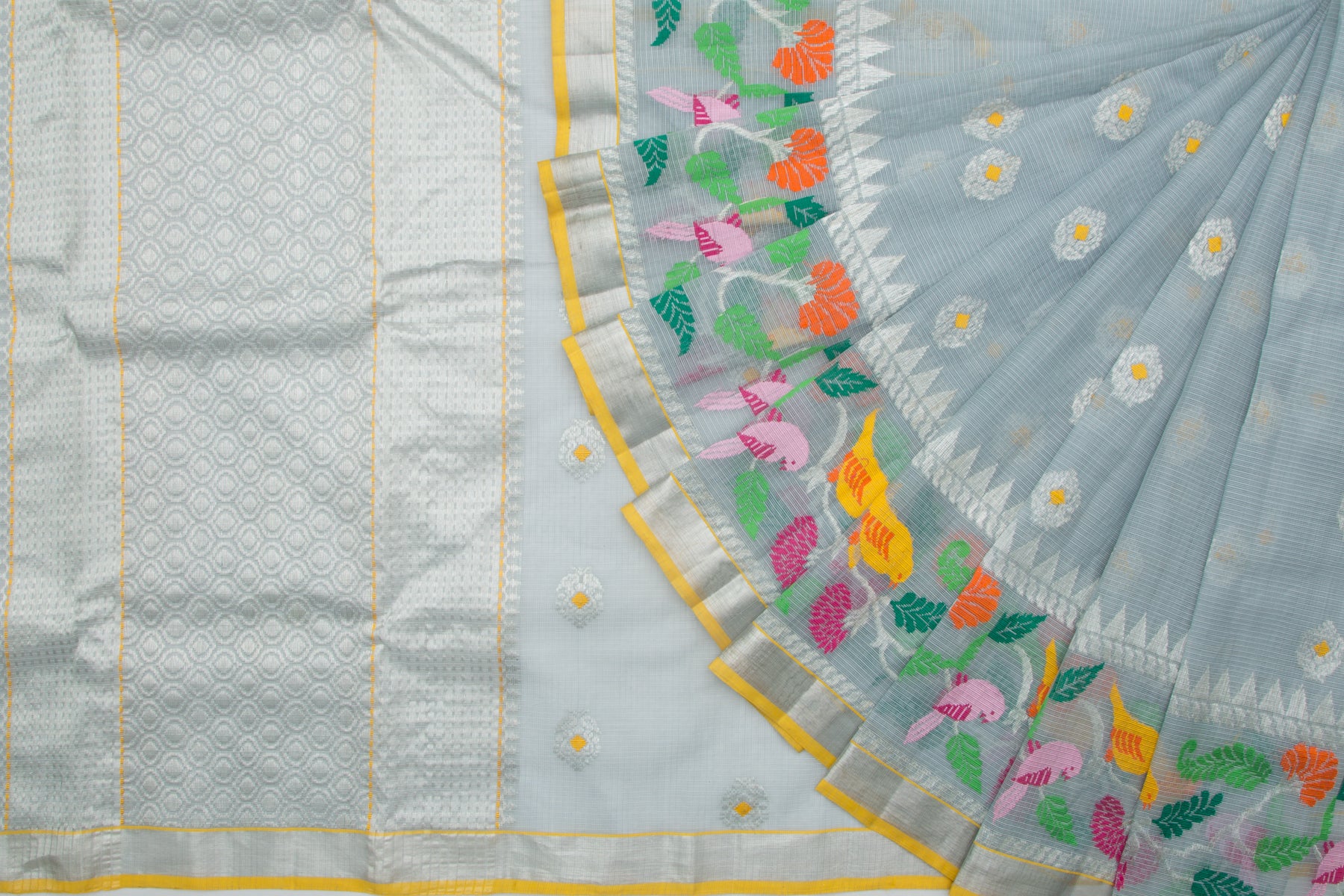 Kota Silk Butta Grey Saree With Jamdani Border