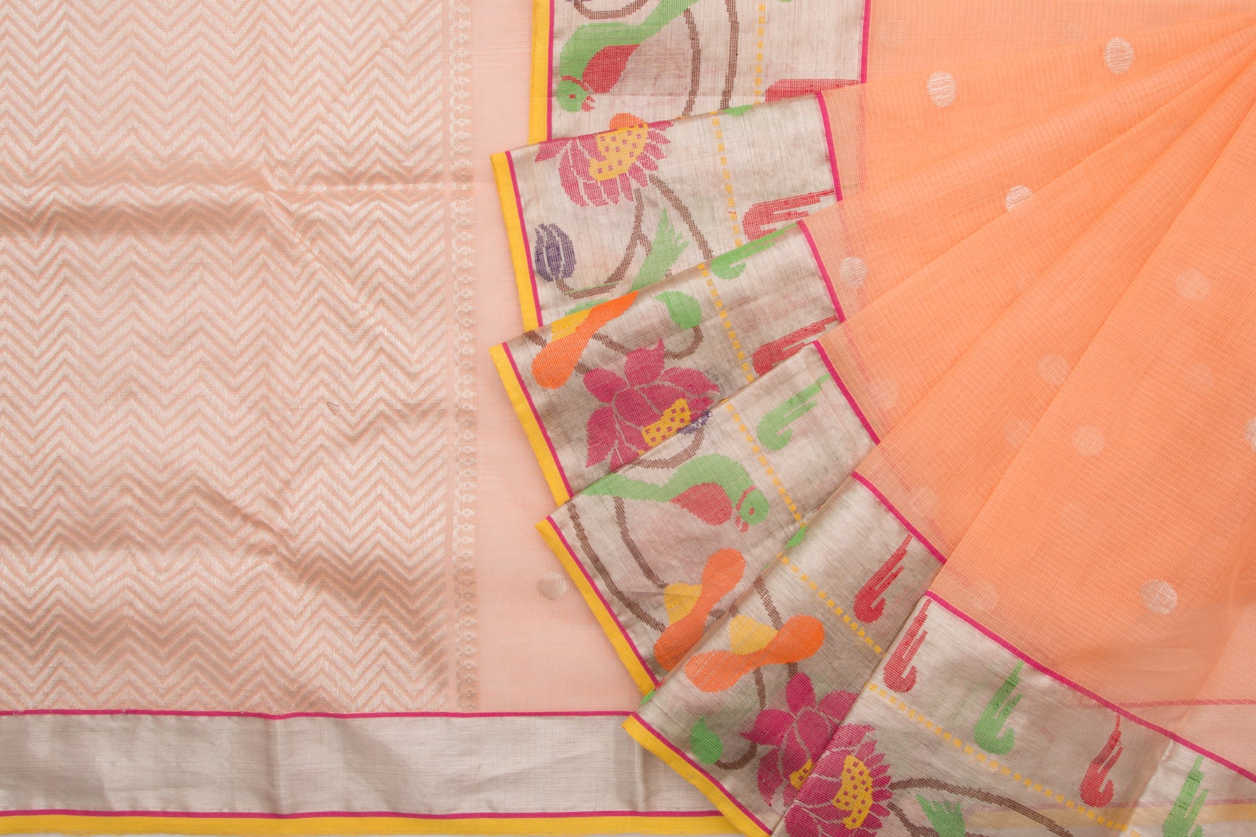 Kota Silk Butta Pastel Orange Saree With Jamdani Border
