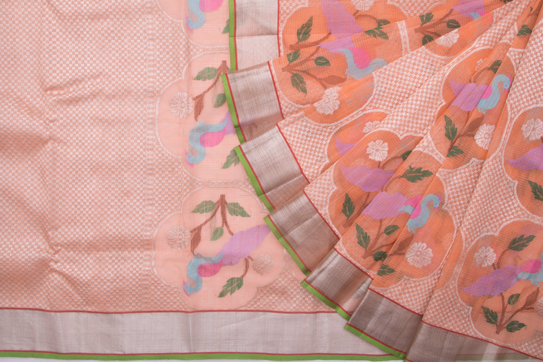 Kota Silk Jaal And Silver Zari Brocade Orange Saree