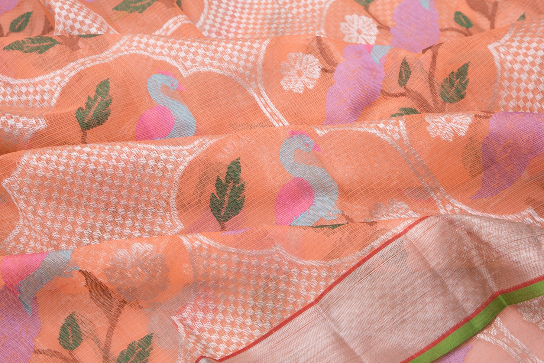 Kota Silk Jaal And Silver Zari Brocade Orange Saree