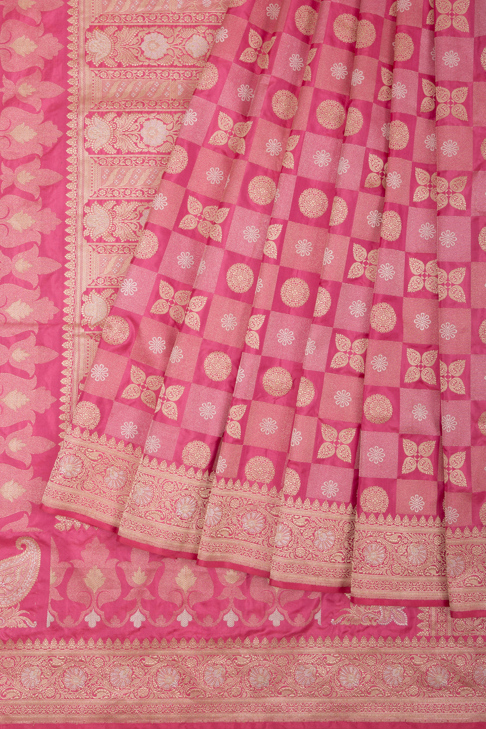 Banarasi Silk Checks and Butta Pink Saree