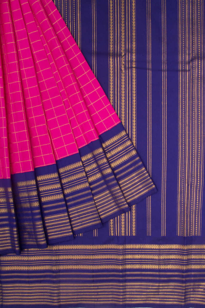 Kanchipuram Silk Checks Pink Saree Vintage Classic Border