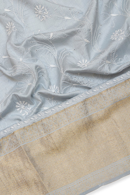 Kanchipuram Silk Chikankari Grey Saree