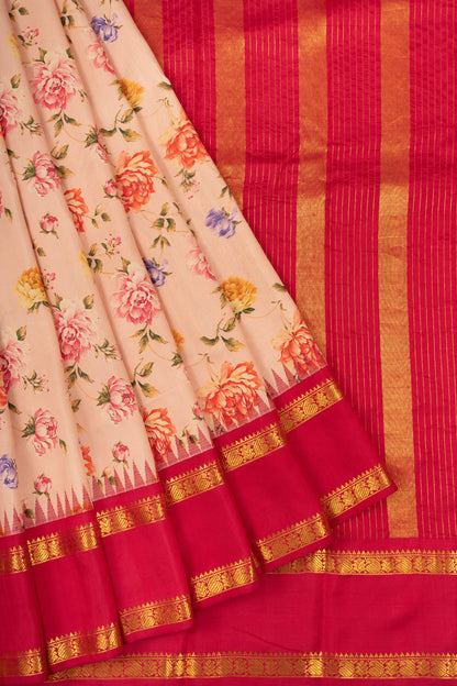 Kanchipuram Silk Floral Printed Pink Saree