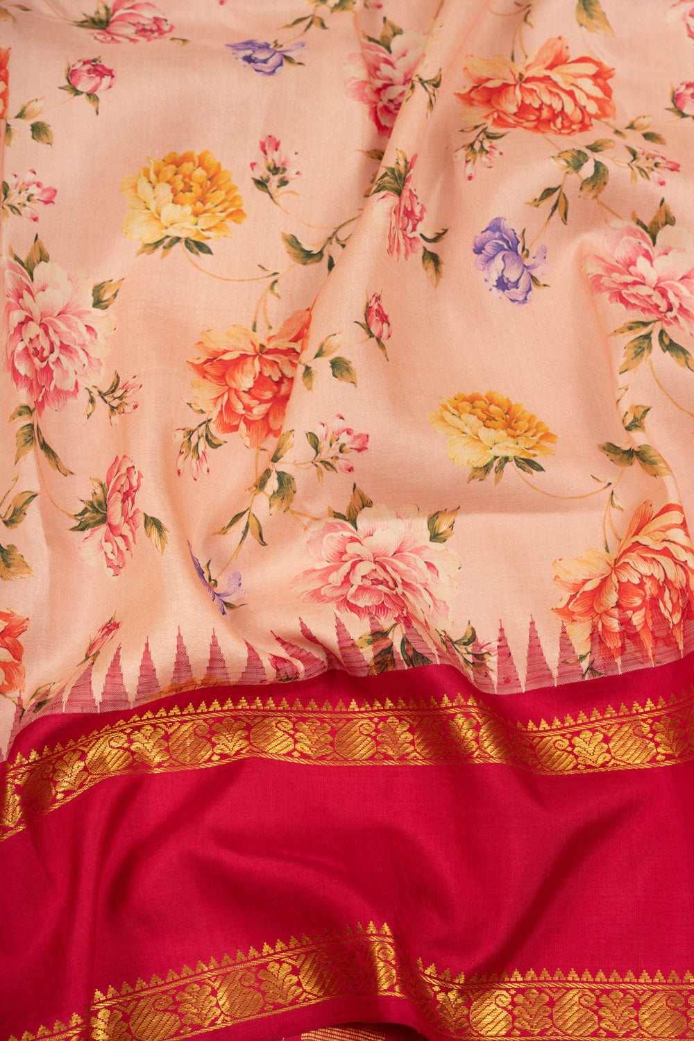 Kanchipuram Silk Floral Printed Pink Saree