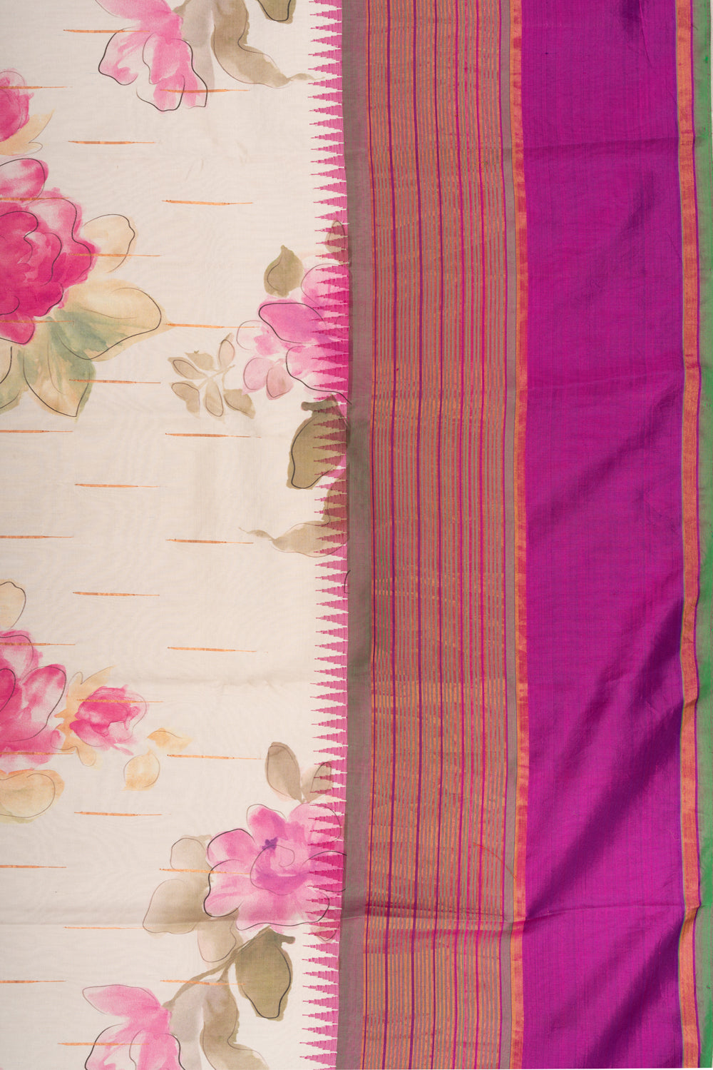 Kanchipuram Silk Floral Printed Cream Saree