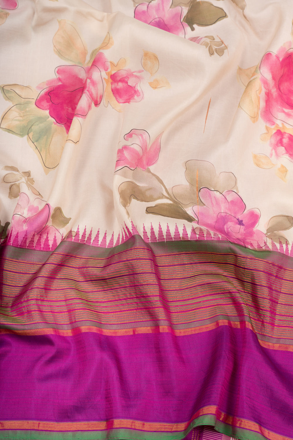 Kanchipuram Silk Floral Printed Cream Saree