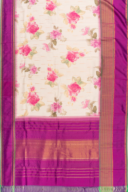 Kanchipuram Silk Floral Printed Cream Saree