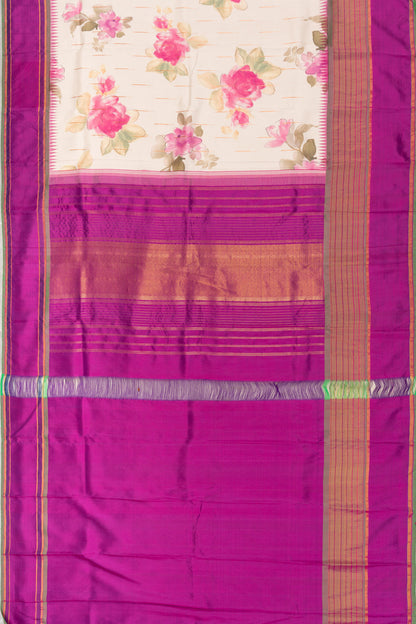 Kanchipuram Silk Floral Printed Cream Saree