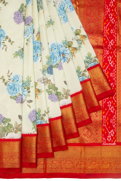 Kanchipuram Silk Floral Printed Off-White Saree