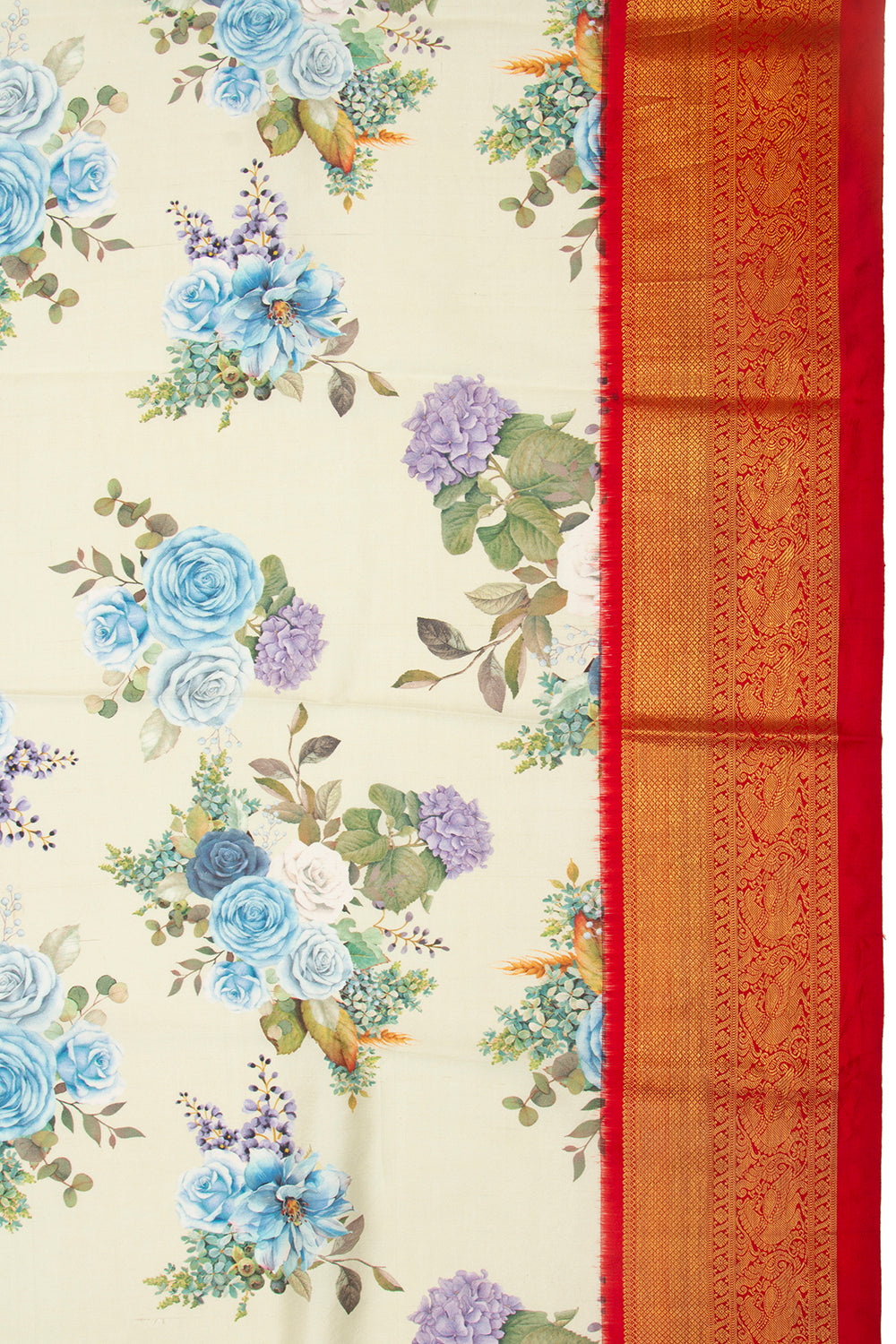 Kanchipuram Silk Floral Printed Off-White Saree