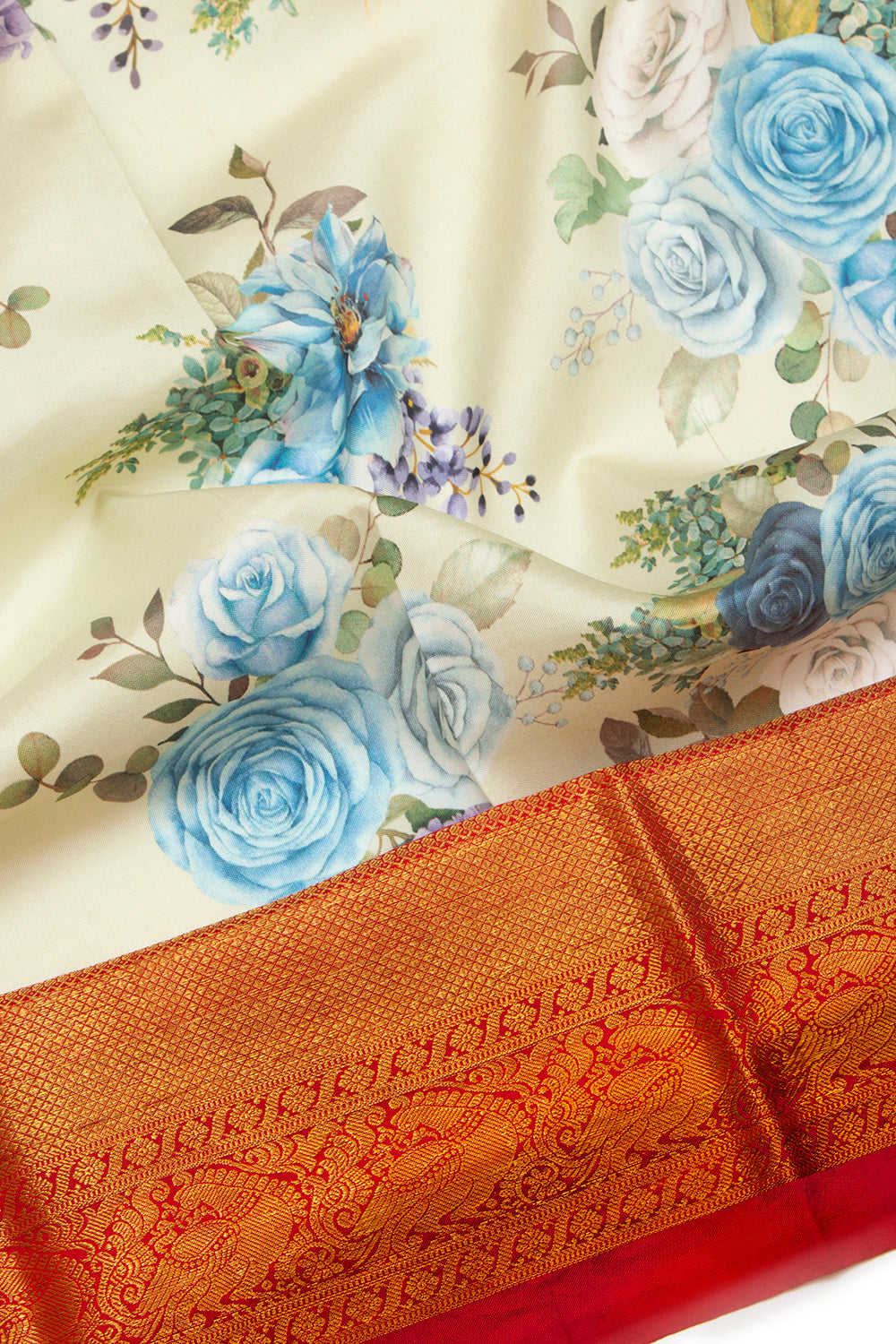 Kanchipuram Silk Floral Printed Off-White Saree