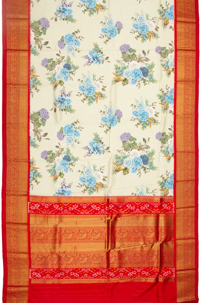 Kanchipuram Silk Floral Printed Off-White Saree