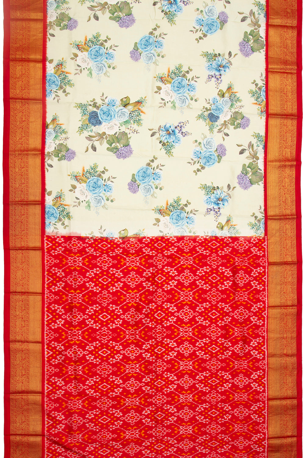 Kanchipuram Silk Floral Printed Off-White Saree