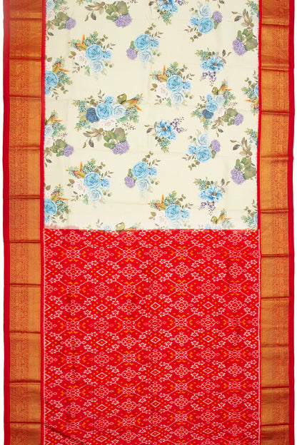 Kanchipuram Silk Floral Printed Off-White Saree