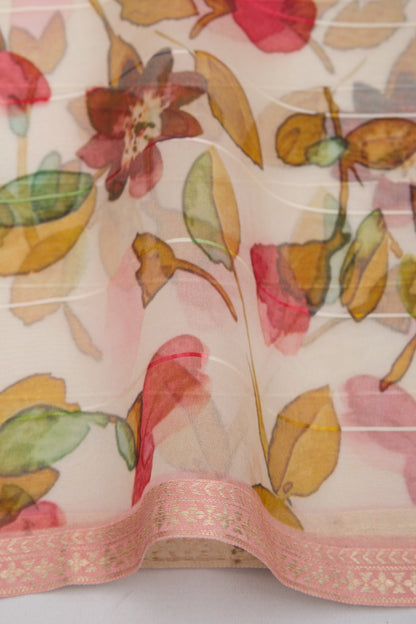 Organza Floral Printed White Saree