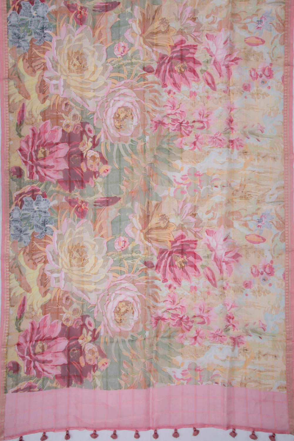 Organza Checks and Printed Multicolor Saree