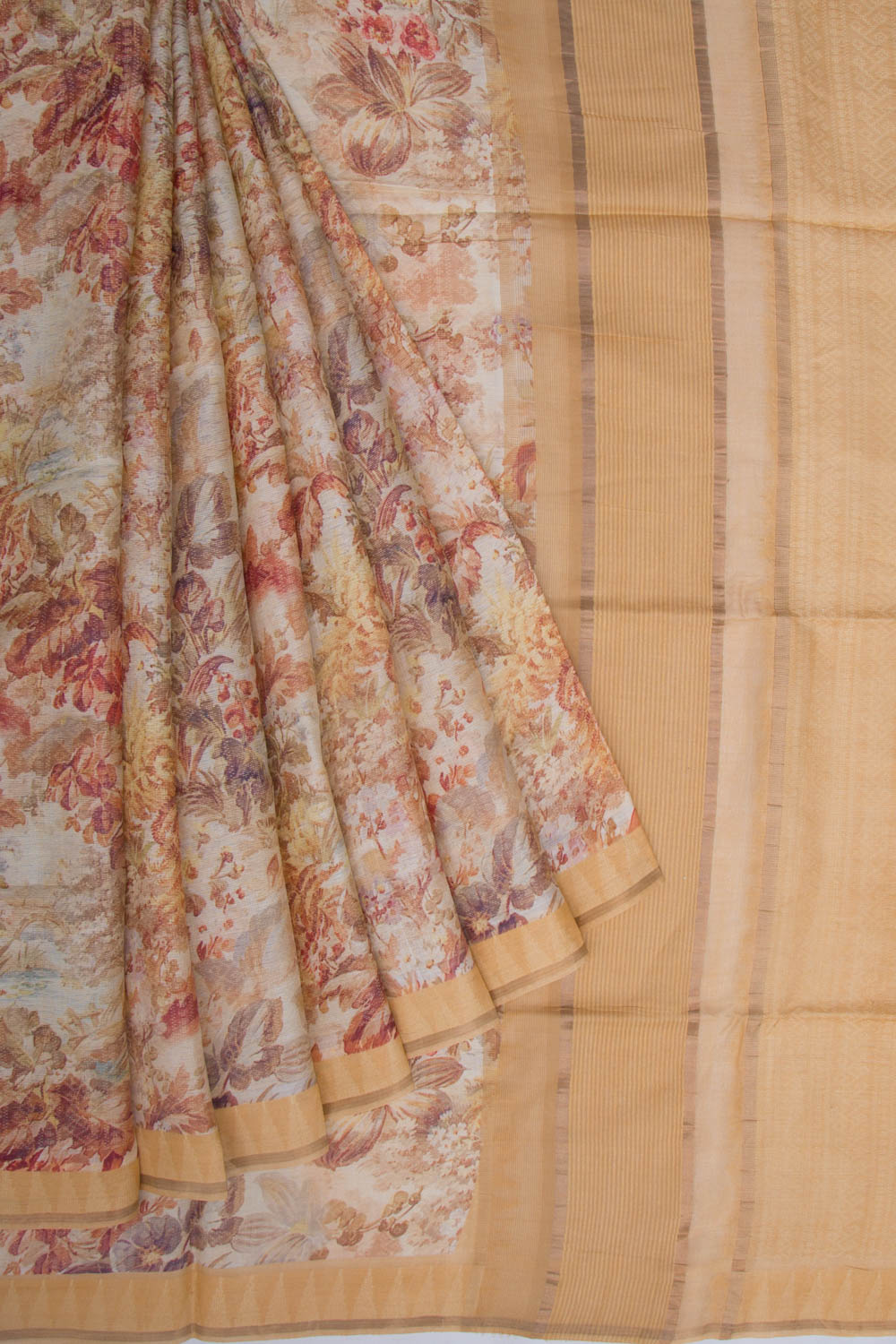 Tussar Floral Printed Cream Saree