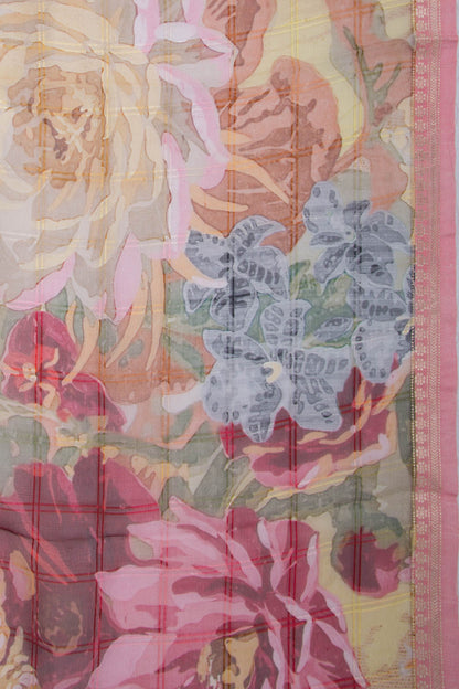 Organza Checks Printed Multicolor Saree
