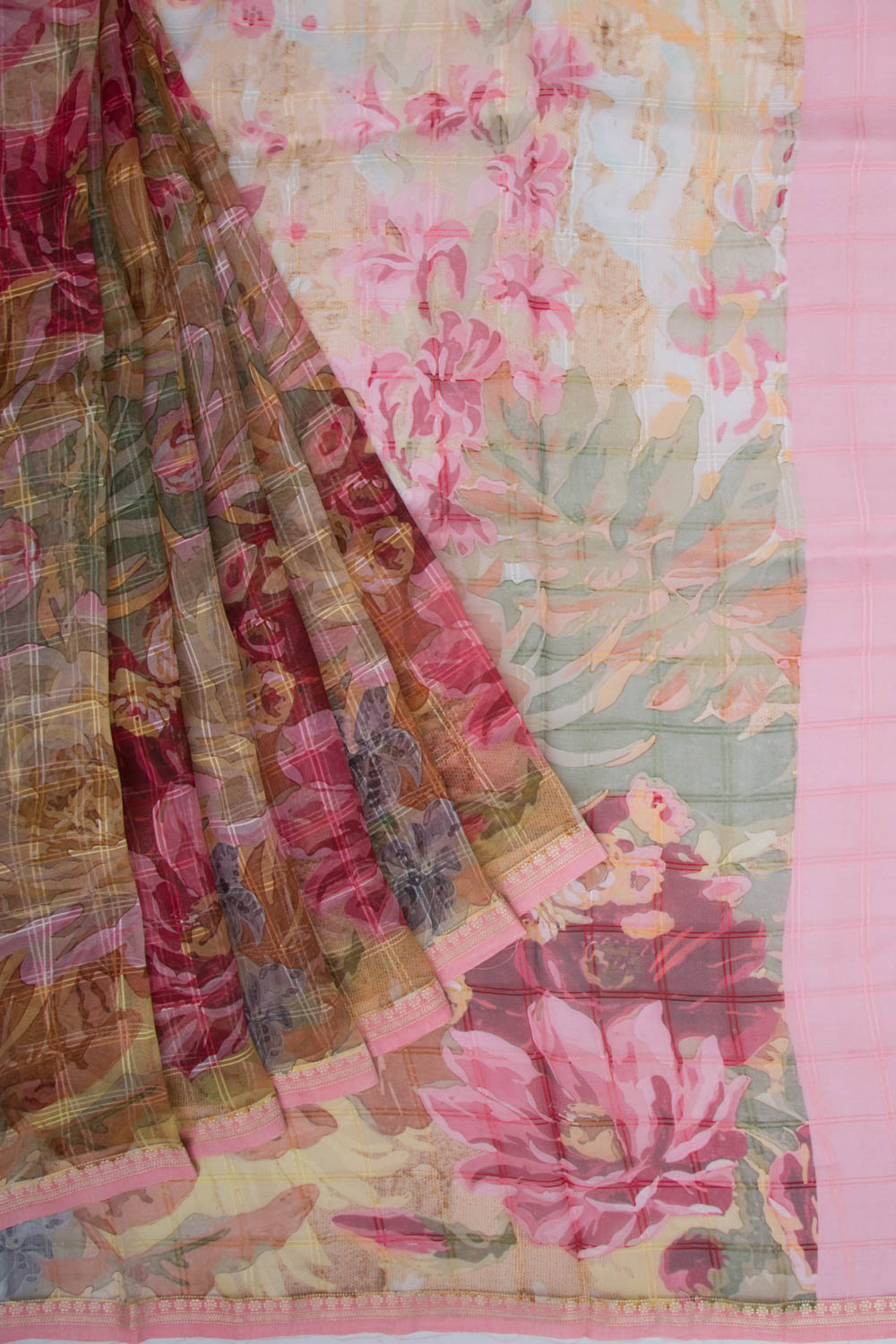 Organza Checks and Printed Multicolor Saree