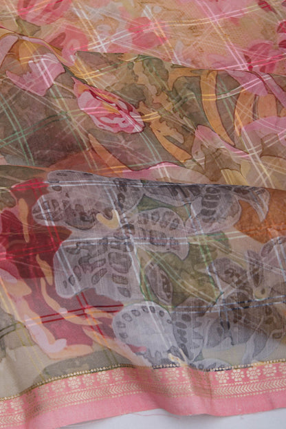 Organza Checks and Printed Multicolor Saree