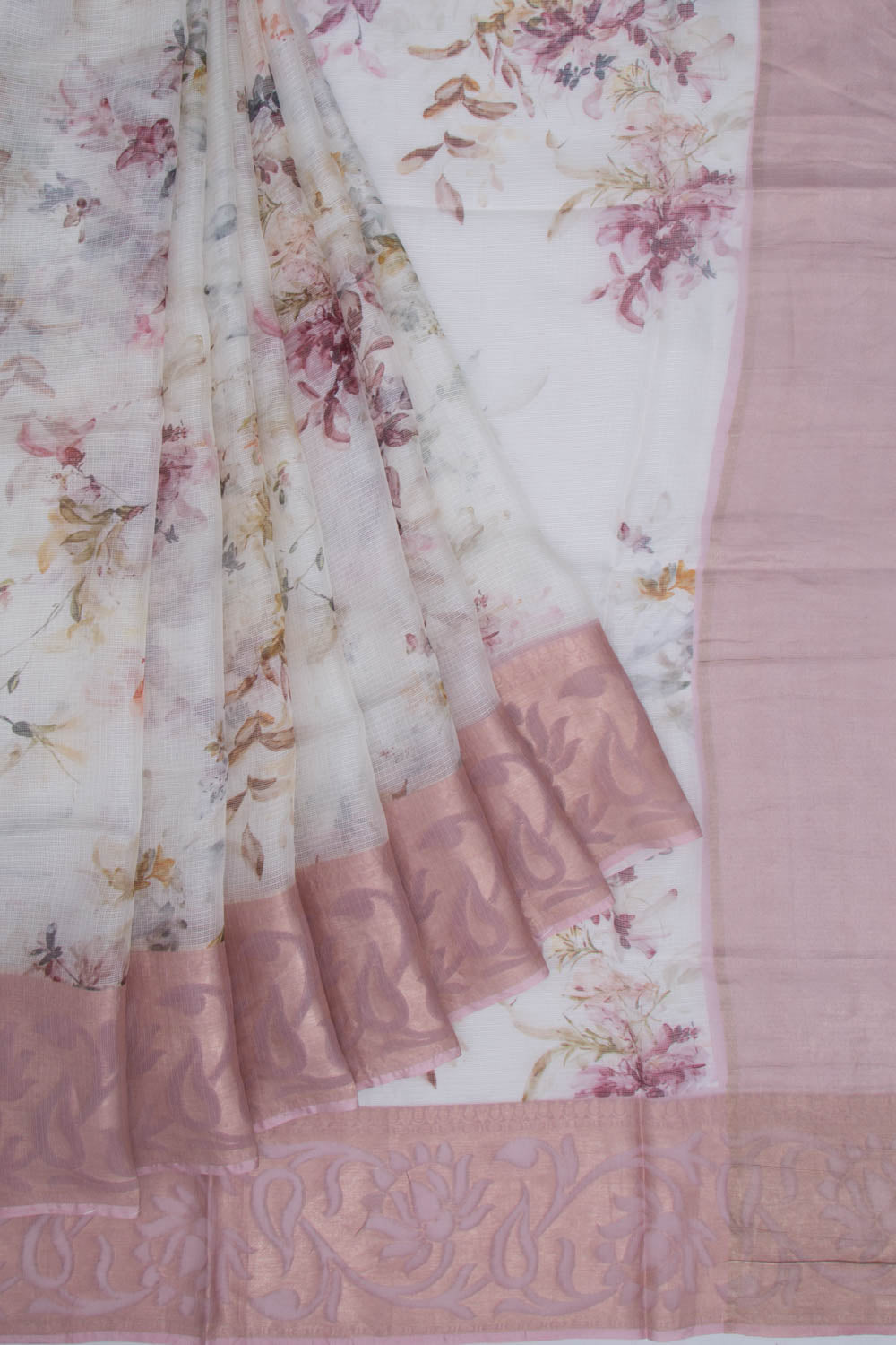 Soft Kota Silk Floral Printed White Saree