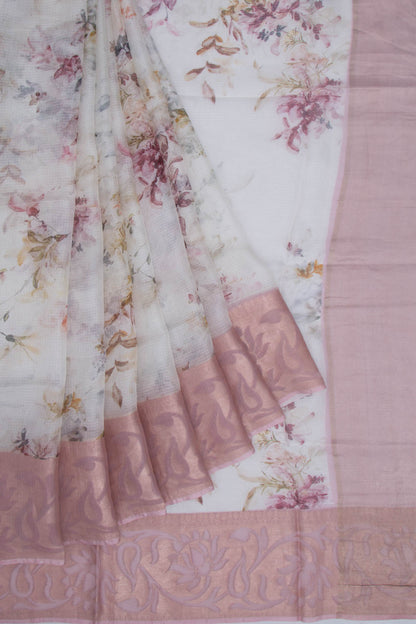 Soft Kota Silk Floral Printed White Saree