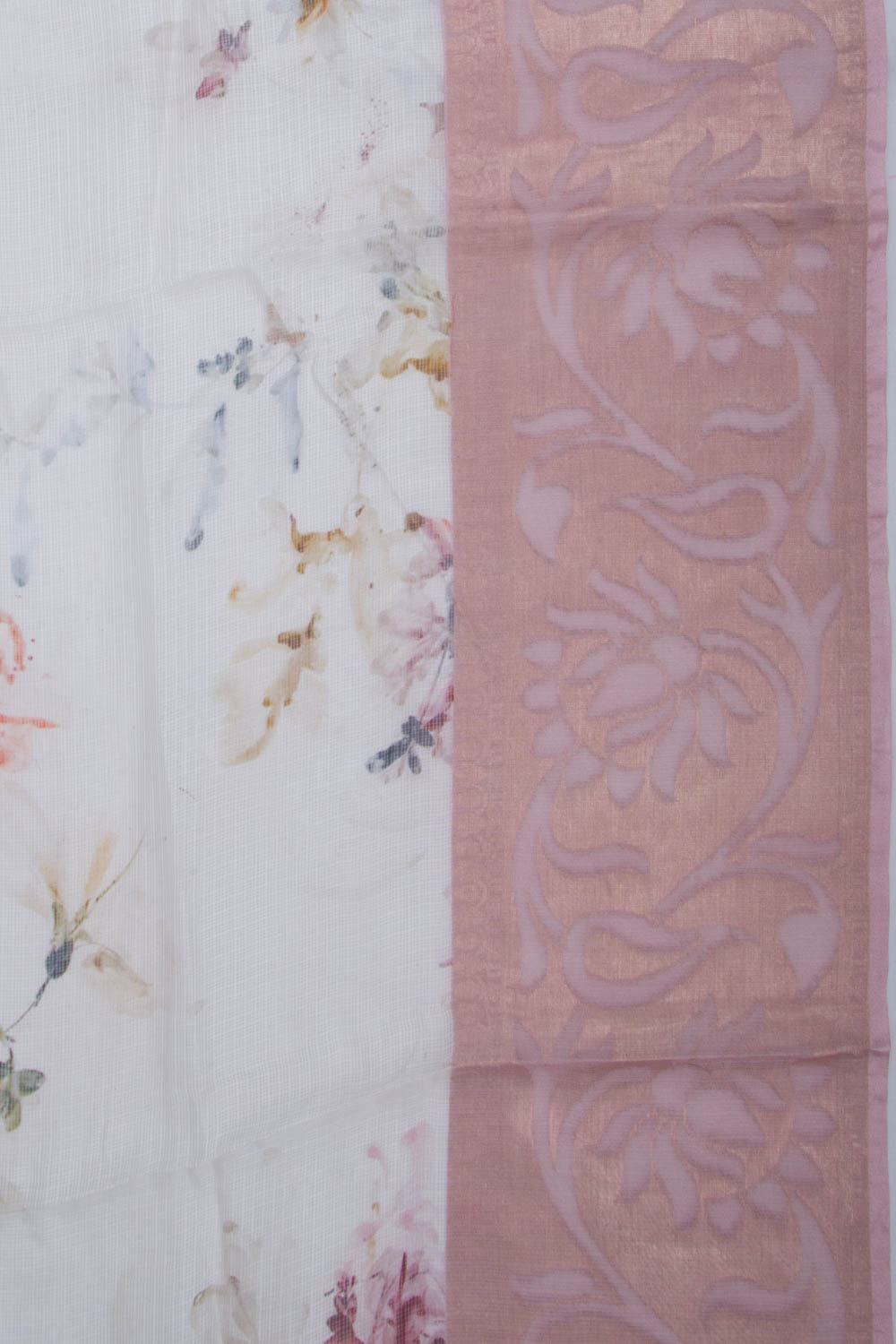Soft Kota Silk Floral Printed White Saree