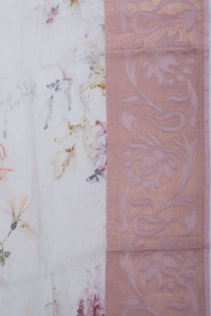 Soft Kota Silk Floral Printed White Saree