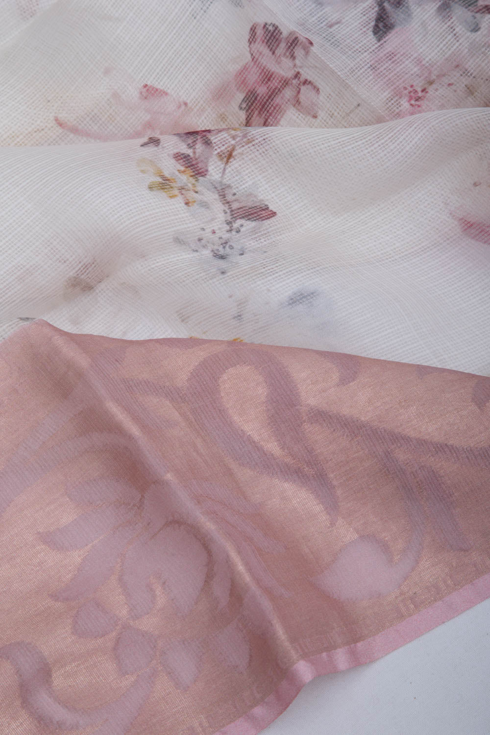 Soft Kota Silk Floral Printed White Saree