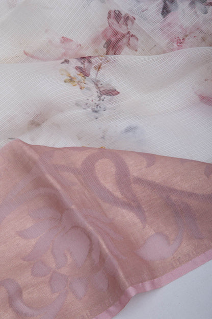 Soft Kota Silk Floral Printed White Saree