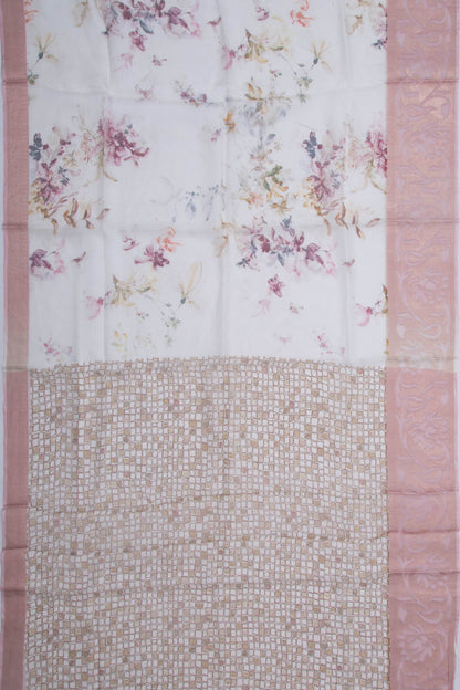 Soft Kota Silk Floral Printed White Saree