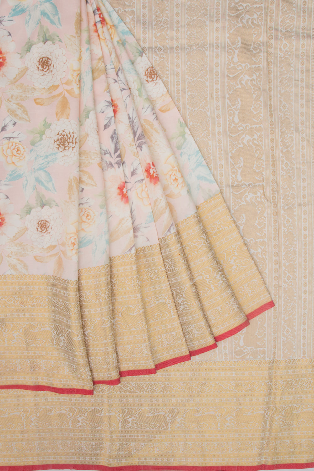 Kanchipuram Silk Floral Printed Pastel Pink Saree