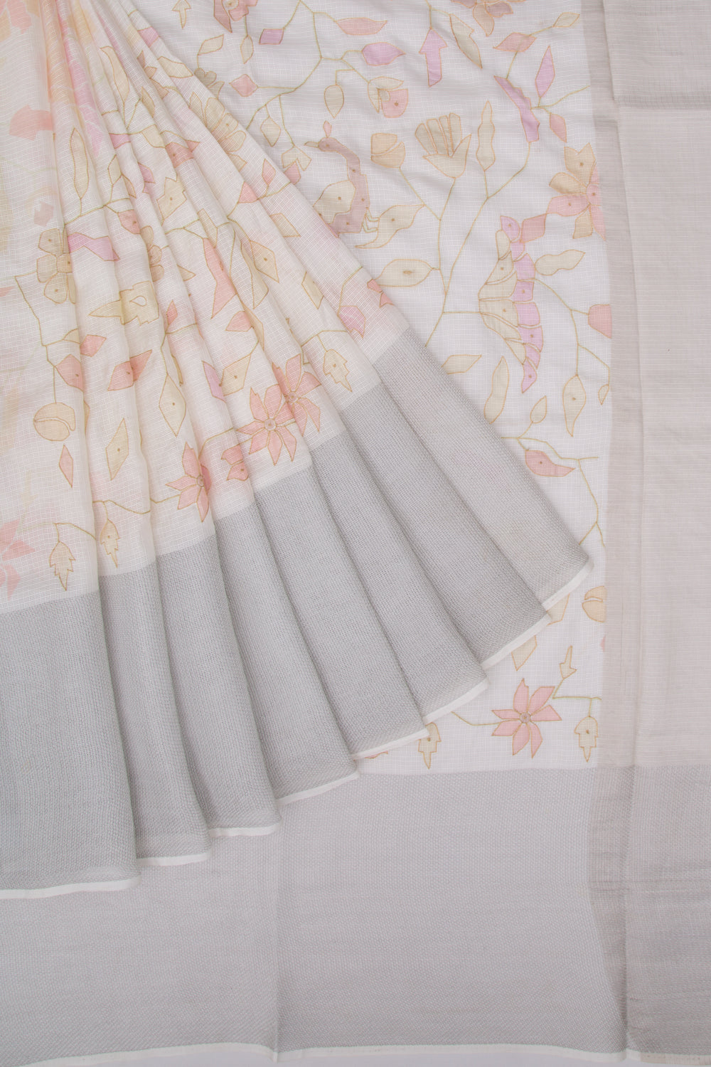 Soft Kota Silk Floral Printed White Saree