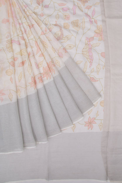 Soft Kota Silk Floral Printed White Saree