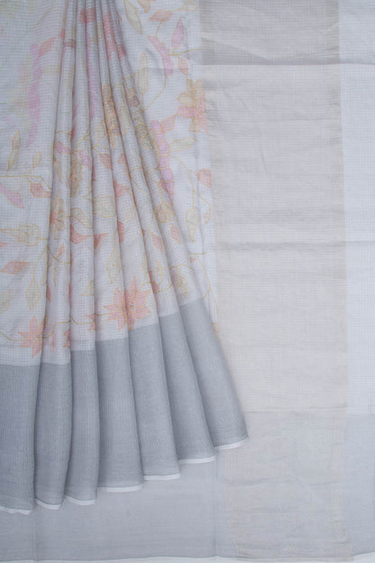 Soft Kota Silk Floral Printed White Saree
