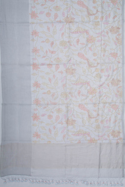 Soft Kota Silk Floral Printed White Saree