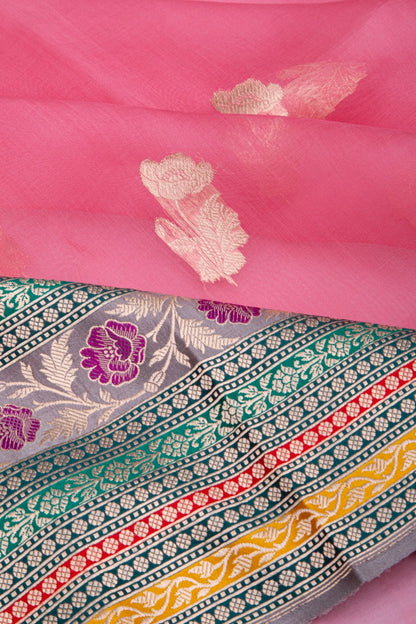 Banarasi Kora Organza Butta Pink Saree