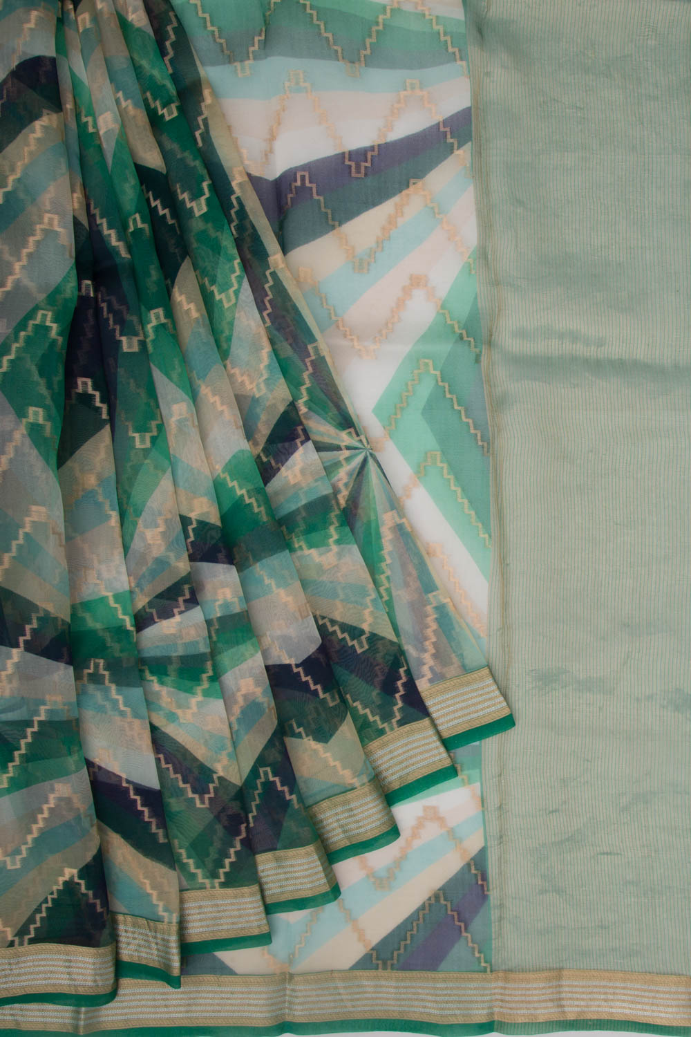 Organza Zig-Zag Lines Green Saree