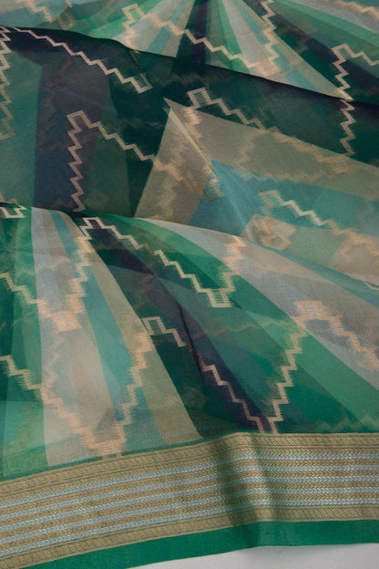 Organza Zig-Zag Lines Green Saree
