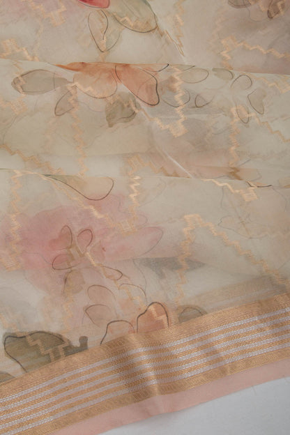Organza Zig-Zag Lines Off-White Saree
